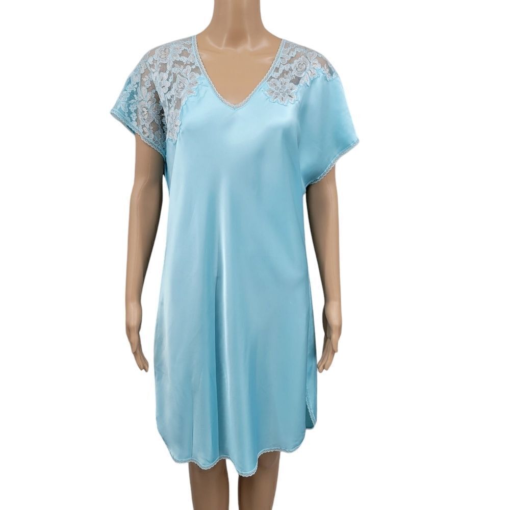 Vintage Coquettegirl Elegant Lace Trim Satin Nightgown in Light Blue